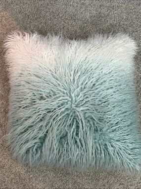 Faux Fur Decorative Pillow in Pale Aqua and Cream